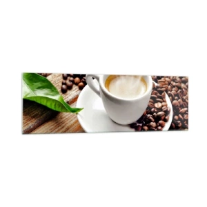 Cuadro sobre vidrio - Impresiones sobre Vidrio - Una taza de café aromático sobre un fondo de granos y una hoja. - 160x50cm - Café en el banco - Decoración de pared moderna para salón y dormitorio ARTTOR