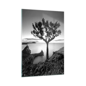 Cuadro sobre vidrio - Impresiones sobre Vidrio - Un árbol en un acantilado con vistas a la bahía. - 50x70cm - Calma hasta el horizonte - Decoración de pared moderna para salón y dormitorio ARTTOR
