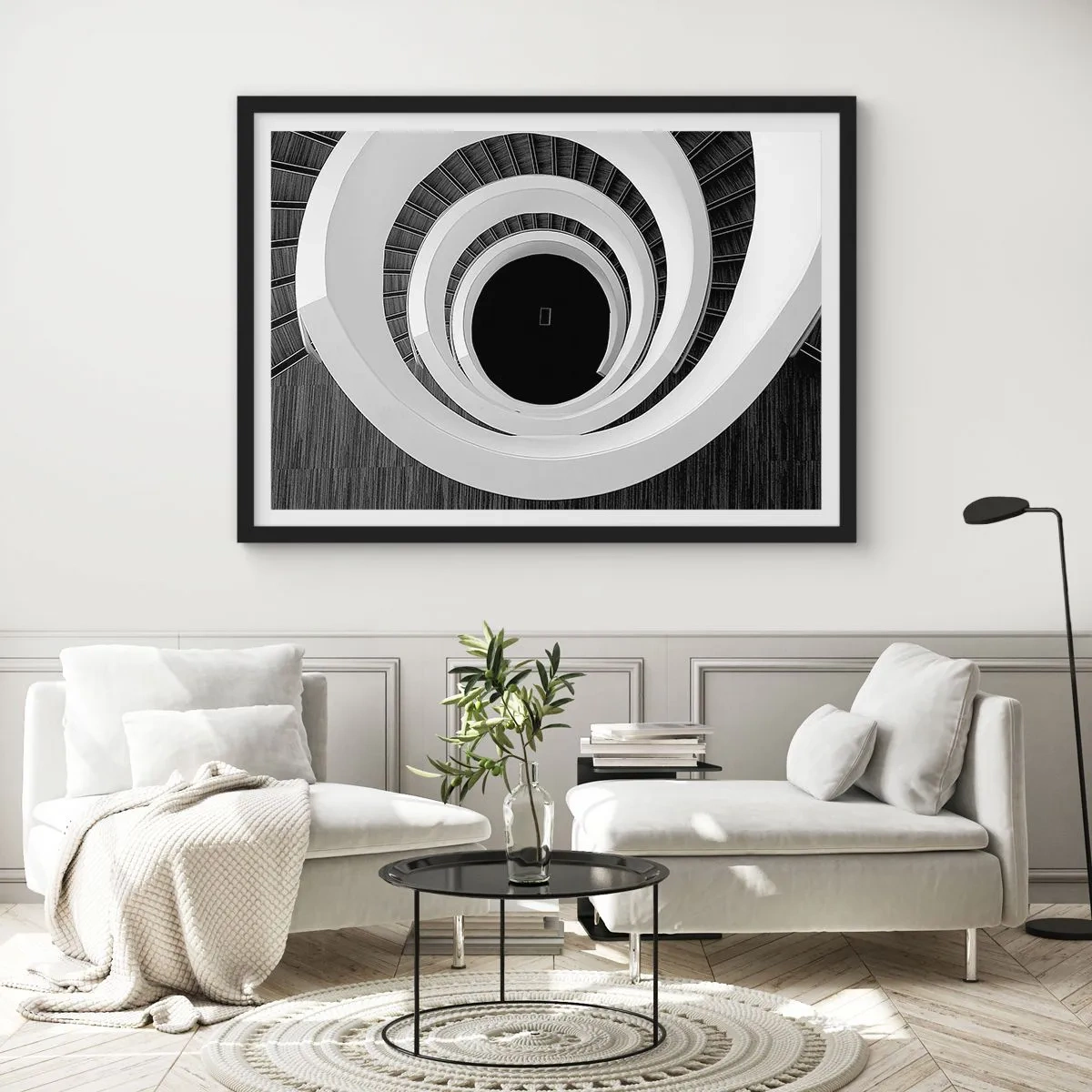 Póster en marco negro - Escalera de caracol en blanco y negro de estilo moderno. - 100x70cm - Hacia el origen - Decoración de pared moderna para salón y dormitorio ARTTOR