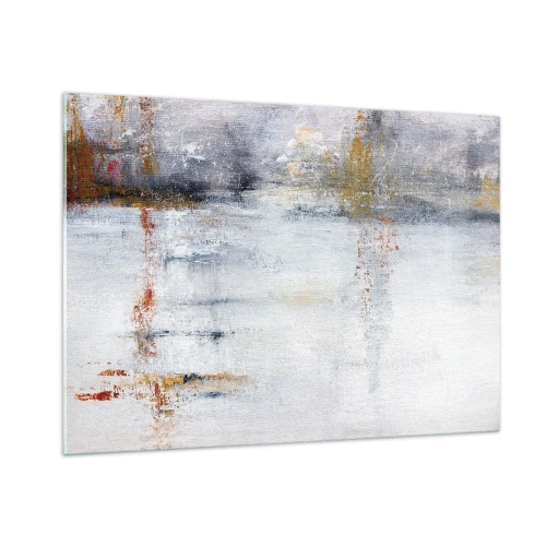 Cuadro sobre vidrio - Impresiones sobre Vidrio - Una pintura abstracta que presenta una sutil combinación de gris, blanco y dorado. - 100x70cm - Tras una cortina de aire - Decoración de pared moderna para salón y dormitorio ARTTOR