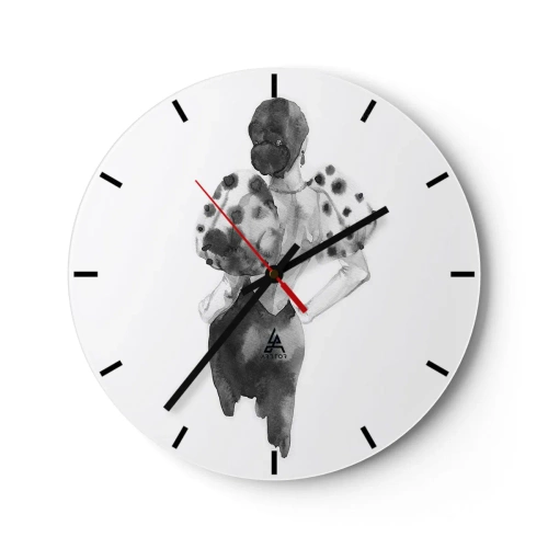 Reloj de pared - Reloj de vidrio - Ilustración en blanco y negro de una mujer con un vestido elegante. - 30x30cm - Pasa justo por aquí - Decoración de pared moderna para salón, cocina y dormitorio ARTTOR