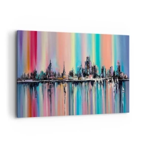 Cuadro sobre lienzo - Impresión de Imagen - Paisaje urbano colorido con reflejo en el agua - 120x80cm - Flota con la luz de la noche - Decoración de pared moderna para salón y dormitorio ARTTOR