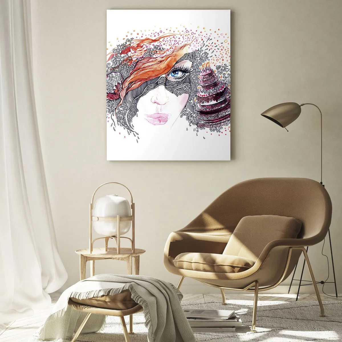 Cuadro sobre vidrio - Impresiones sobre Vidrio - Retrato de una mujer con patrones dinámicos y acentos rojos. - 50x70cm - Con ella cada día es una fiesta - Decoración de pared moderna para salón y dormitorio ARTTOR
