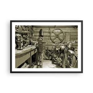 Póster en marco negro - Taller retro con motos y herramientas - 70x50cm - En el trastero del abuelo - Decoración de pared moderna para salón y dormitorio ARTTOR