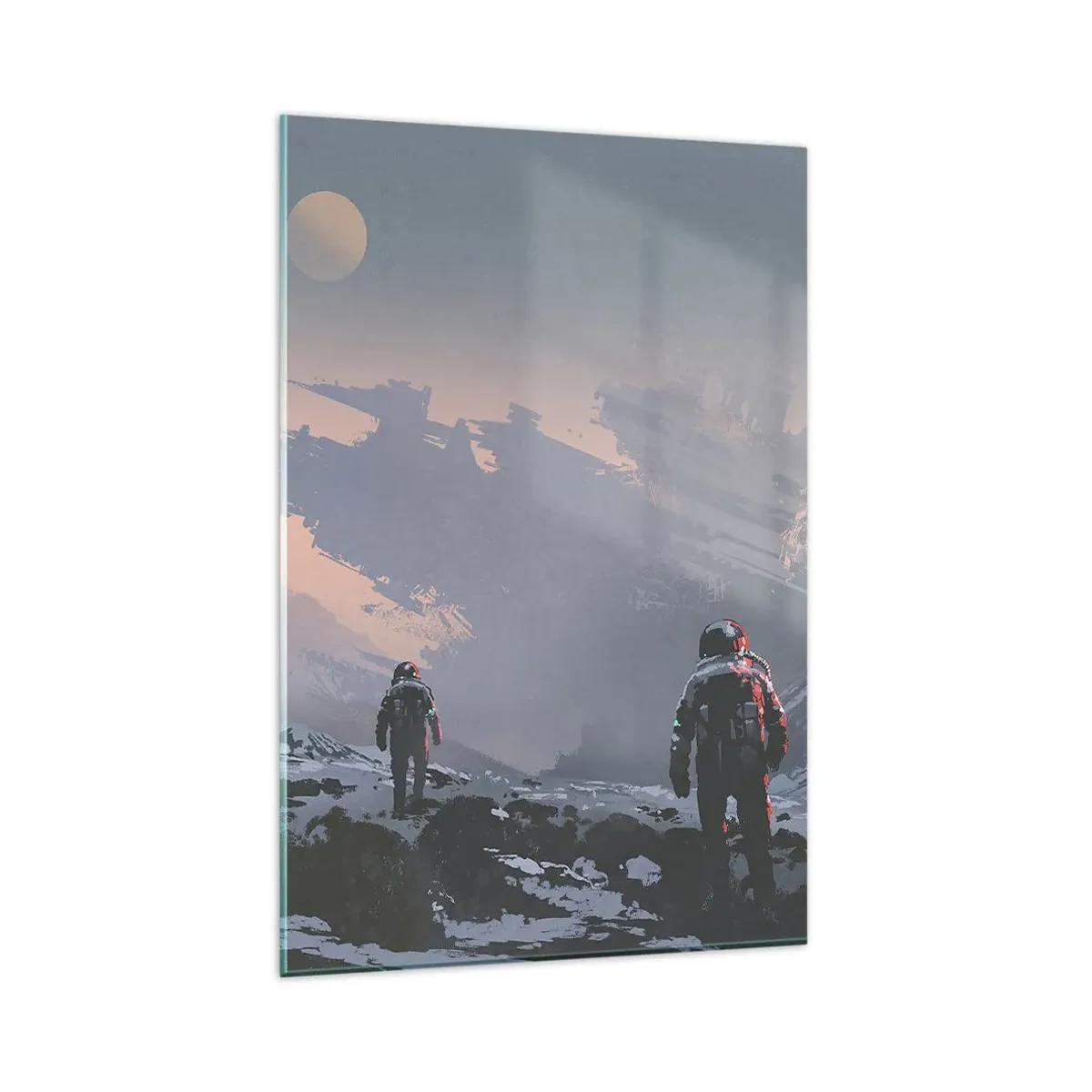 Cuadro sobre vidrio - Impresiones sobre Vidrio - Astronautas en un planeta alienígena con una nave espacial destrozada - 80x120cm - Bajo una estrella desconocida - Decoración de pared moderna para salón y dormitorio ARTTOR