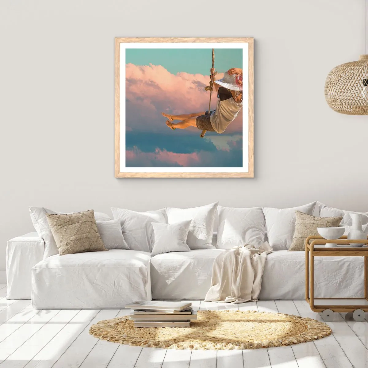 Póster en marco roble claro - Jugando en las nubes - 50x50 cm