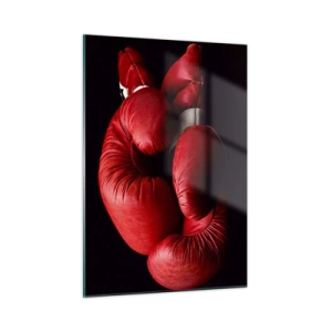 Cuadro sobre vidrio - Impresiones sobre Vidrio - Guantes de boxeo rojos sobre fondo negro - 50x70cm - La emoción del combate quedó atrás - Decoración de pared moderna para salón y dormitorio ARTTOR