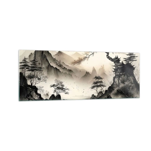 Cuadro sobre vidrio - Impresiones sobre Vidrio - Un paisaje oriental con montañas y una pagoda en tonos delicados. - 140x50cm - El encanto único de Oriente - Decoración de pared moderna para salón y dormitorio ARTTOR