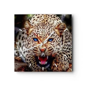 Reloj de pared - Reloj de vidrio - Un leopardo amenazante con intensos ojos azules. - 30x30cm - La ira no daña la belleza - Decoración de pared moderna para salón y dormitorio ARTTOR