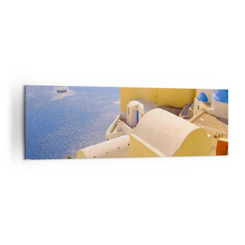Cuadro sobre lienzo - Impresión de Imagen - Arquitectura griega con vistas al mar y un barco al fondo. - 160x50cm - Paisaje griego en blanco y azul - Decoración de pared moderna para salón y dormitorio ARTTOR
