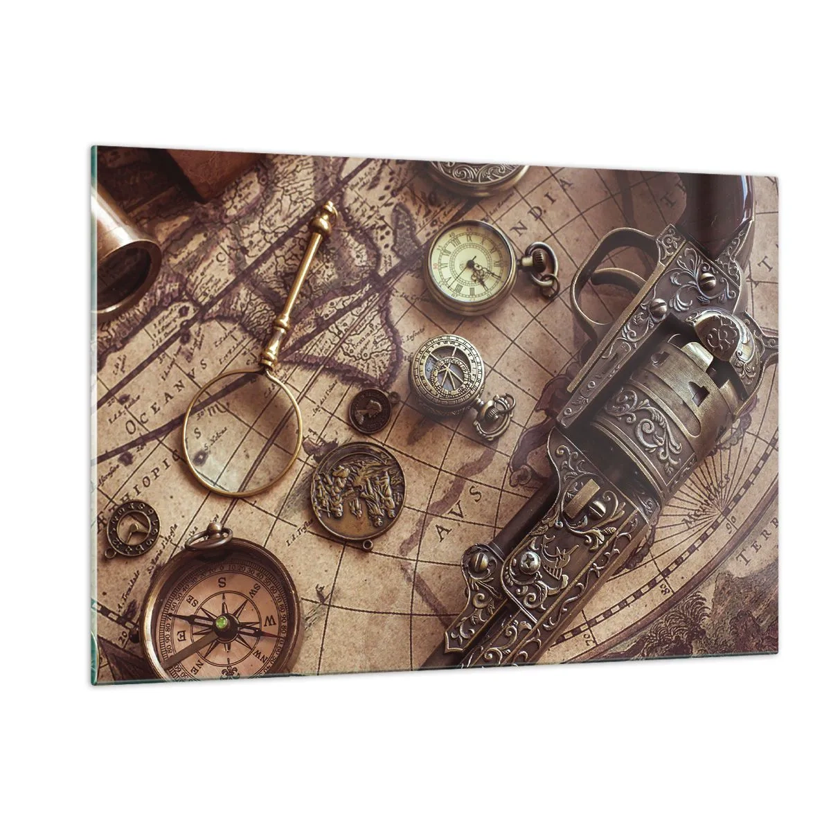 Cuadro sobre vidrio - Impresiones sobre Vidrio - Objetos antiguos y un mapa - 120x80cm - La aventura llama - Decoración de pared moderna para salón y dormitorio ARTTOR