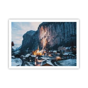 Póster - Un pintoresco pueblo invernal rodeado de montañas. - 100x70cm - El espíritu luminoso del invierno - Decoración de pared moderna para salón y dormitorio ARTTOR