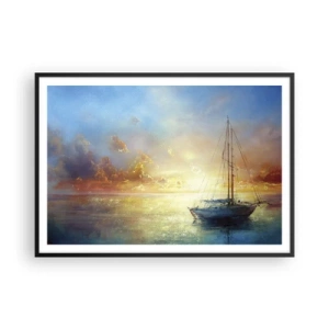 Póster en marco negro - Un yate en un mar tranquilo al atardecer. - 100x70cm - En una bahía dorada - Decoración de pared moderna para salón y dormitorio ARTTOR