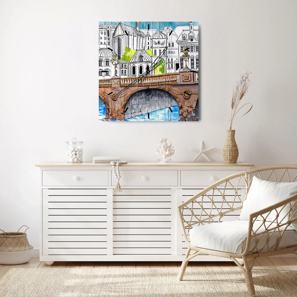 Reloj de pared - Reloj de vidrio - Dibujo del puente y arquitectura urbana histórica - 30x30cm - Una ciudad de dibujo - Decoración de pared moderna para salón y dormitorio ARTTOR