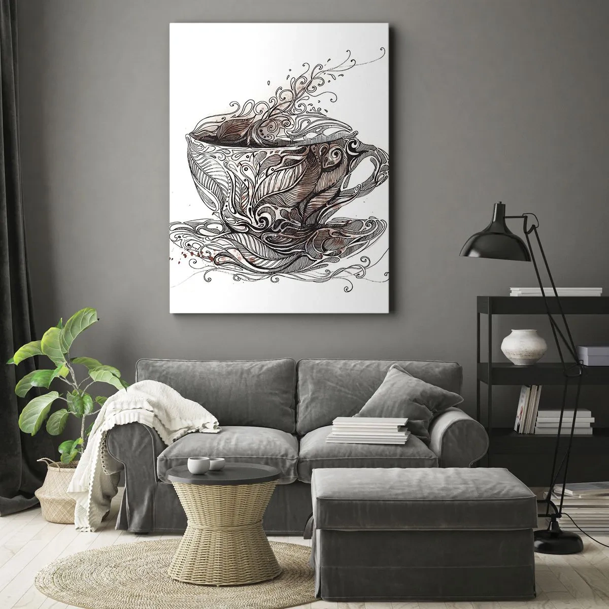 Cuadro sobre lienzo - Impresión de Imagen - Taza de café decorativa con patrón artístico. - 70x100cm - Té para todo - Decoración de pared moderna para salón y dormitorio ARTTOR