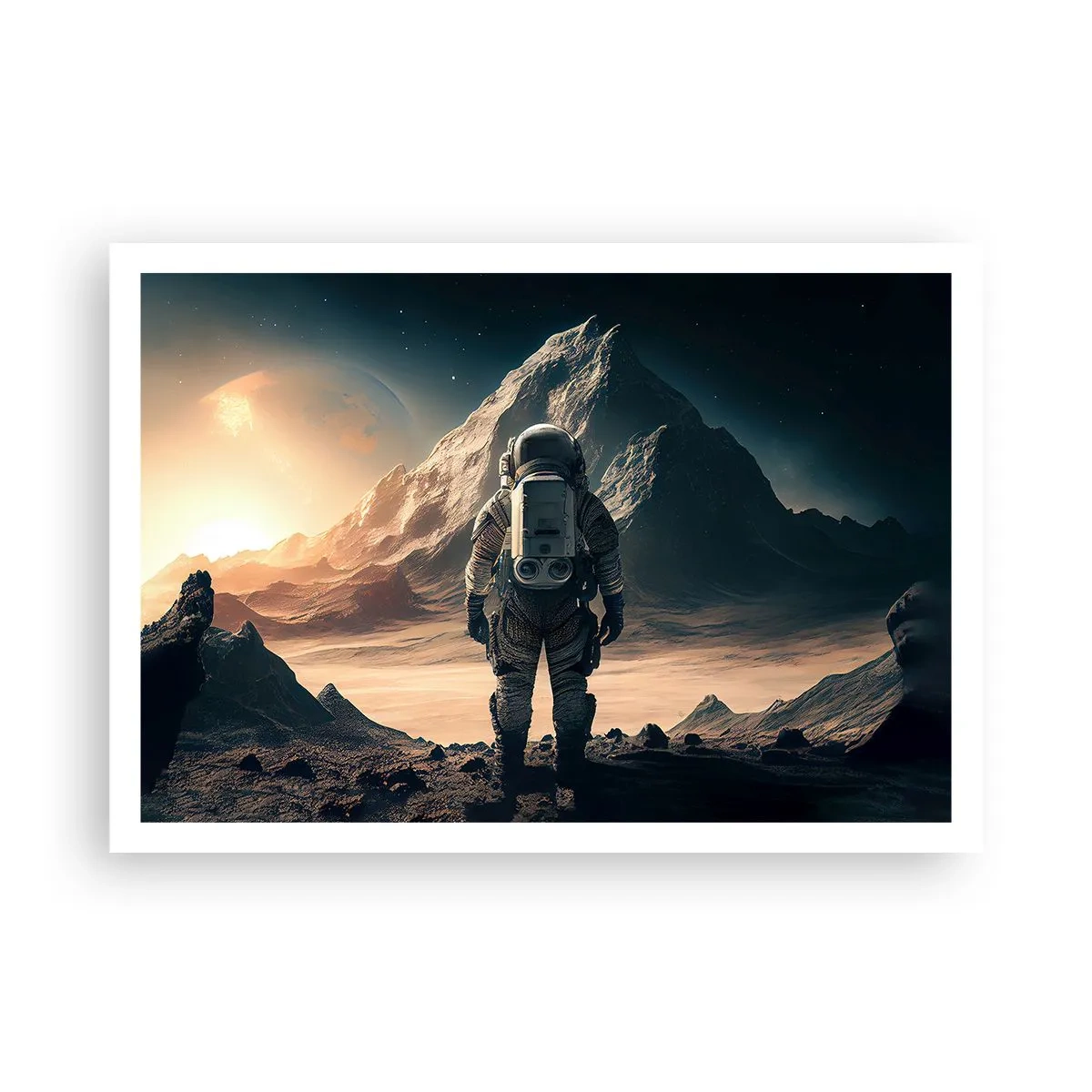 Póster - Astronauta con el telón de fondo de majestuosas montañas - 100x70cm - Un nuevo reto - Decoración de pared moderna para salón y dormitorio ARTTOR