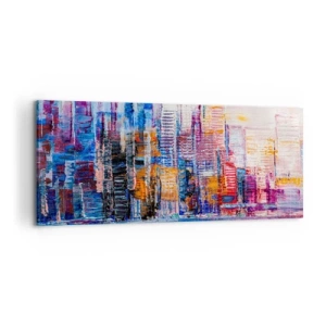 Cuadro sobre lienzo - Impresión de Imagen - Un panorama colorido de la ciudad con reflejos en el agua. - 120x50cm - Una metrópoli alegre - Decoración de pared moderna para salón y dormitorio ARTTOR