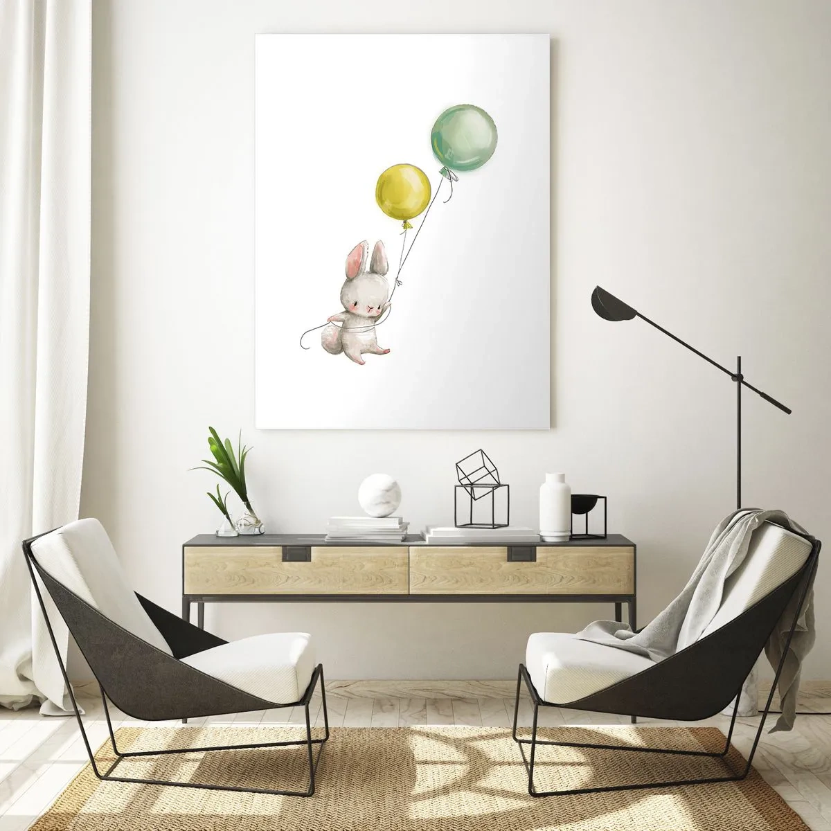 Cuadro sobre vidrio - Impresiones sobre Vidrio - Un conejito sosteniendo dos globos. - 50x70cm - ¡Yo también volaré! - Decoración de pared moderna para salón y dormitorio ARTTOR