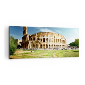Cuadro sobre lienzo - Impresión de Imagen - El Coliseo de Roma rodeado de vegetación y cielo azul. - 120x50cm - Todavía se oye el sonido de las armas - Decoración de pared moderna para salón y dormitorio ARTTOR