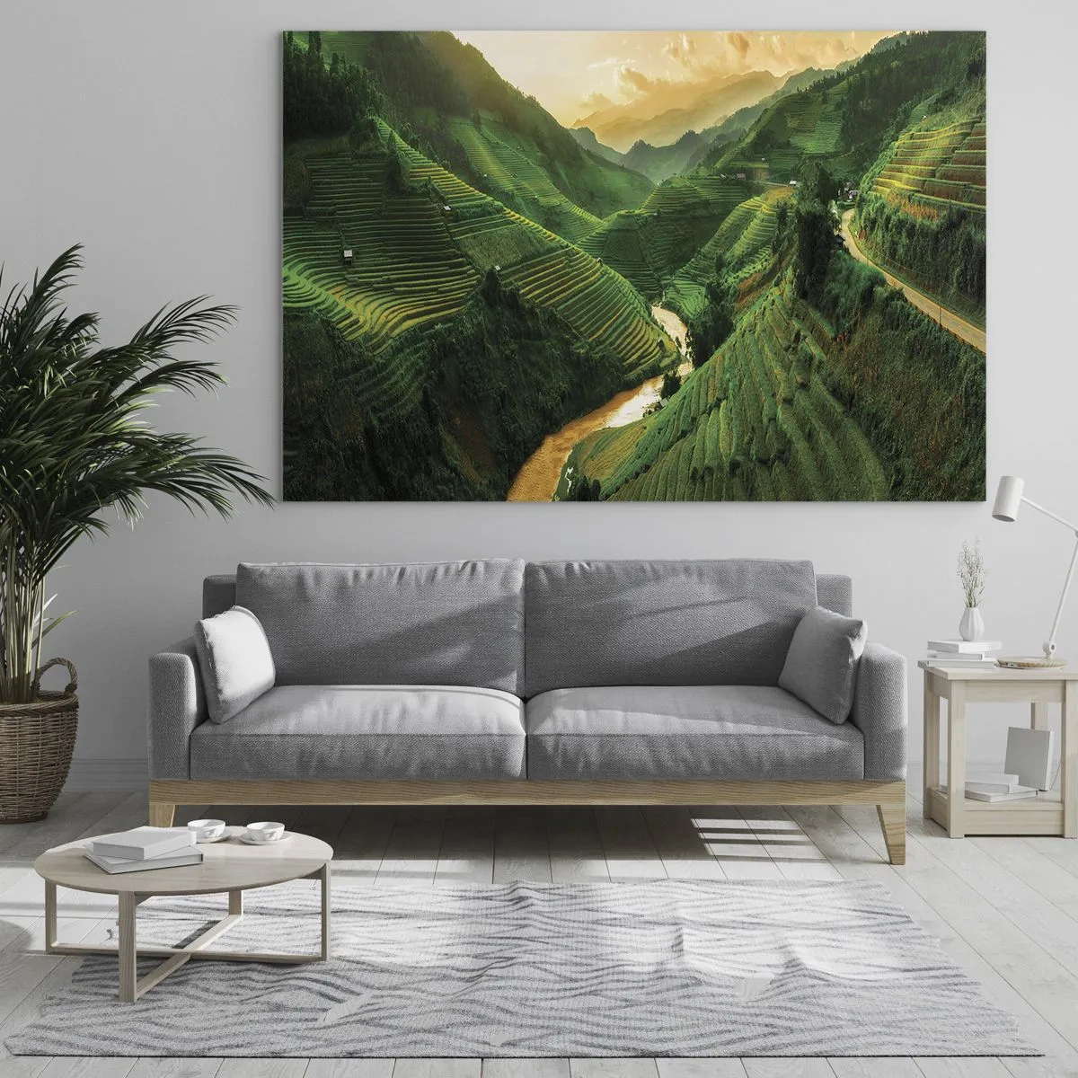 Cuadro sobre vidrio - Impresiones sobre Vidrio - Pintorescas terrazas de arroz en el valle al atardecer - 100x70cm - Valle vietnamita - Decoración de pared moderna para salón y dormitorio ARTTOR