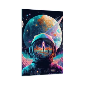 Cuadro sobre vidrio - Impresiones sobre Vidrio - Astronauta en el espacio con un colorido paisaje planetario. - 70x100cm - Sueños de niño - Decoración de pared moderna para salón y dormitorio ARTTOR