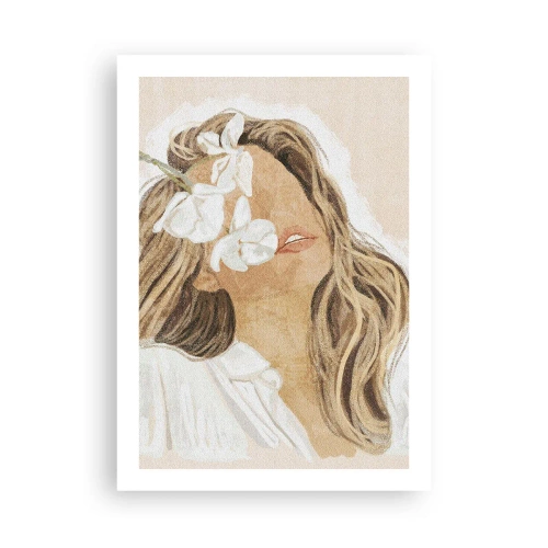 Póster - Retrato de una mujer con flores cubriendo su rostro. - 50x70cm - Entre flores, en éxtasis - Decoración de pared moderna para salón y dormitorio ARTTOR