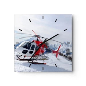 Reloj de pared - Reloj de vidrio - Un helicóptero rojo contra un paisaje de montaña nevada. - 30x30cm - Siempre listo - Decoración de pared moderna para salón y dormitorio ARTTOR