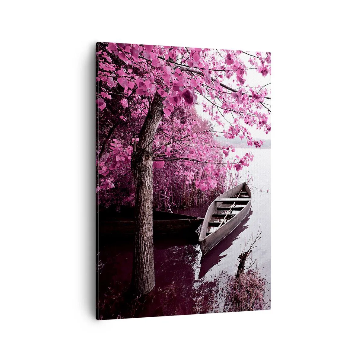 Cuadro sobre lienzo - Impresión de Imagen - Un barco en la orilla de un lago entre árboles rosados. - 50x70cm - En el silencio rosa - Decoración de pared moderna para salón y dormitorio ARTTOR