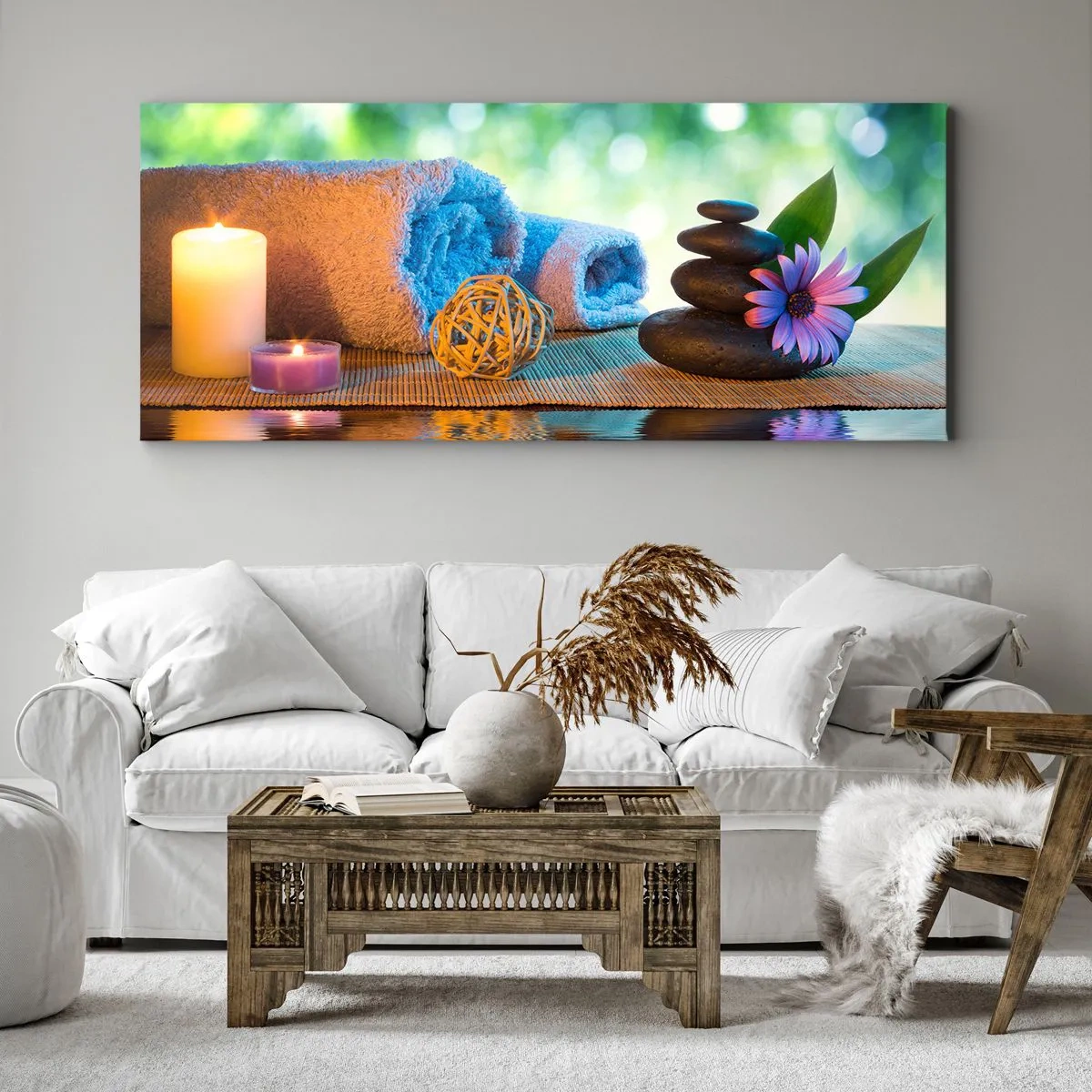 Cuadro sobre lienzo - Impresión de Imagen - Set de SPA relajante con toallas, velas y piedras - 140x50cm - Tiempo para el cuerpo - Decoración de pared moderna para salón y dormitorio ARTTOR