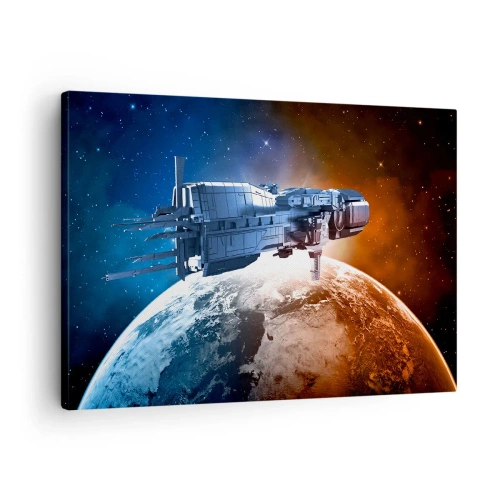 Cuadro sobre lienzo - Impresión de Imagen - Una nave espacial con un planeta en el espacio como telón de fondo. - 70x50cm - Un observador atento - Decoración de pared moderna para salón y dormitorio ARTTOR