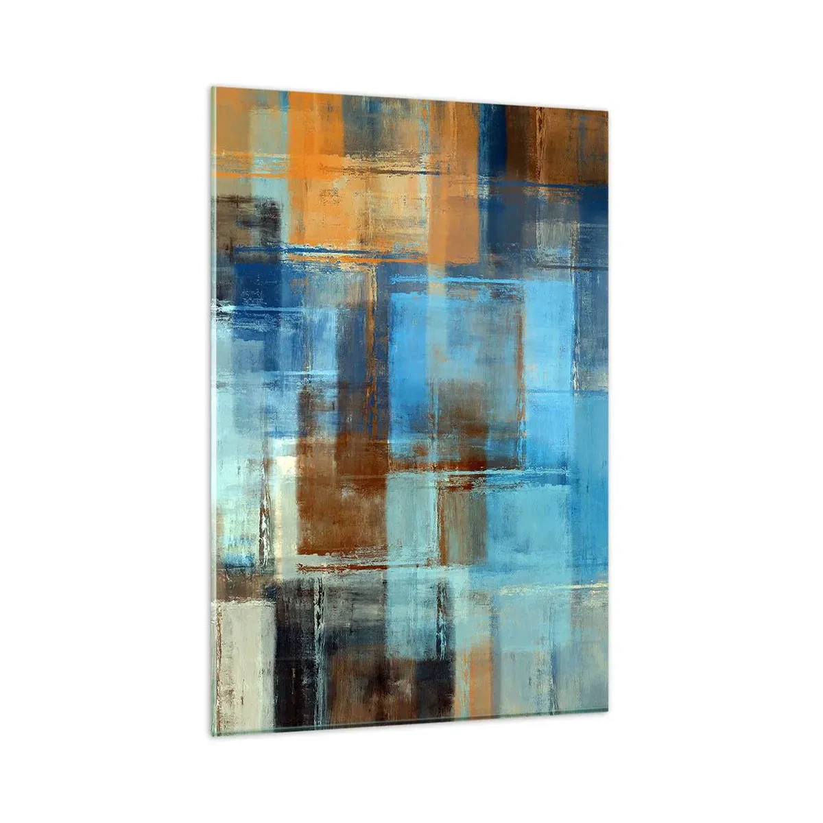 Cuadro sobre vidrio - Impresiones sobre Vidrio - Composición geométrica abstracta en tonos azules y marrones. - 80x120cm - A través del velo azul - Decoración de pared moderna para salón y dormitorio ARTTOR