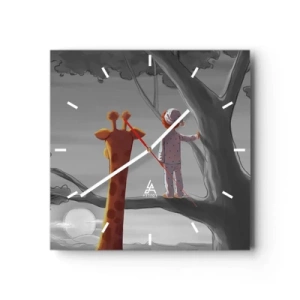 Reloj de pared - Reloj de vidrio - Un niño y una jirafa en la rama de un árbol en un paisaje de cuento de hadas. - 30x30cm - ¿Está sucediendo de verdad? - Decoración de pared moderna para salón y dormitorio ARTTOR