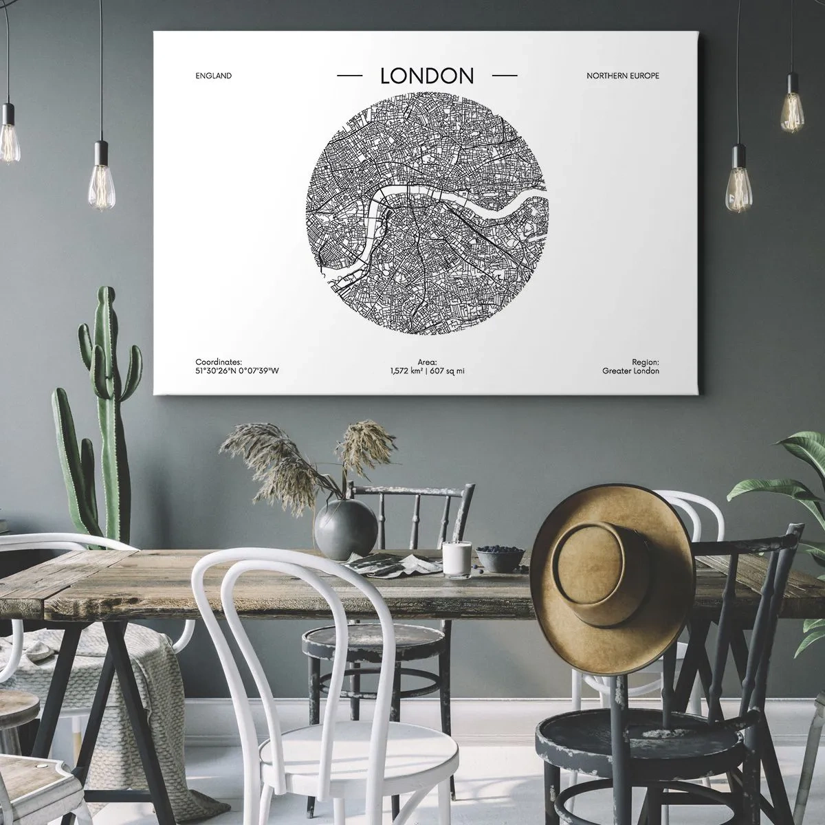 Cuadro sobre lienzo - Impresión de Imagen - Un mapa minimalista de Londres en blanco y negro con detalles precisos. - 70x50cm - Anatomía de Londres - Decoración de pared moderna para salón y dormitorio ARTTOR