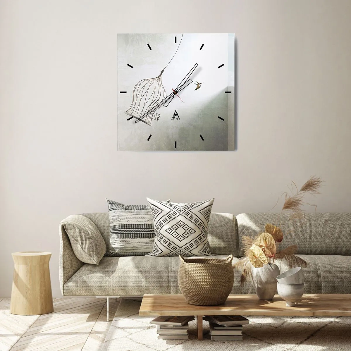Reloj de pared - Reloj de vidrio - Un pájaro liberado de una jaula con el cielo brillante como telón de fondo. - 30x30cm - Aquí debo estar - Decoración de pared moderna para salón y dormitorio ARTTOR