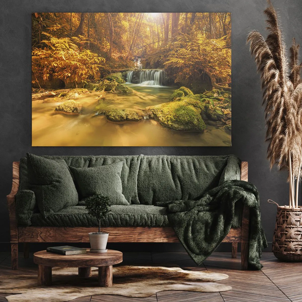 Cuadro sobre lienzo - Impresión de Imagen - Una cascada dorada en un bosque otoñal rodeado de vegetación. - 70x50cm - Cascada forestal en oro - Decoración de pared moderna para salón y dormitorio ARTTOR