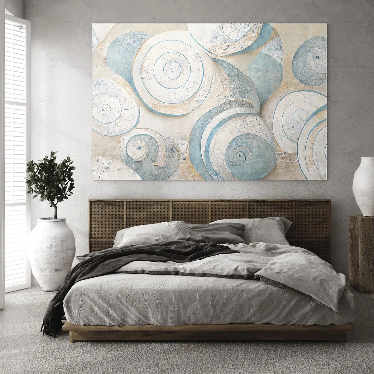 Cuadro sobre vidrio - Impresiones sobre Vidrio - Conchas en una paleta azul y beige sobre un fondo estructurado. - 100x70cm - ¿Qué esconden en su interior? - Decoración de pared moderna para salón y dormitorio ARTTOR