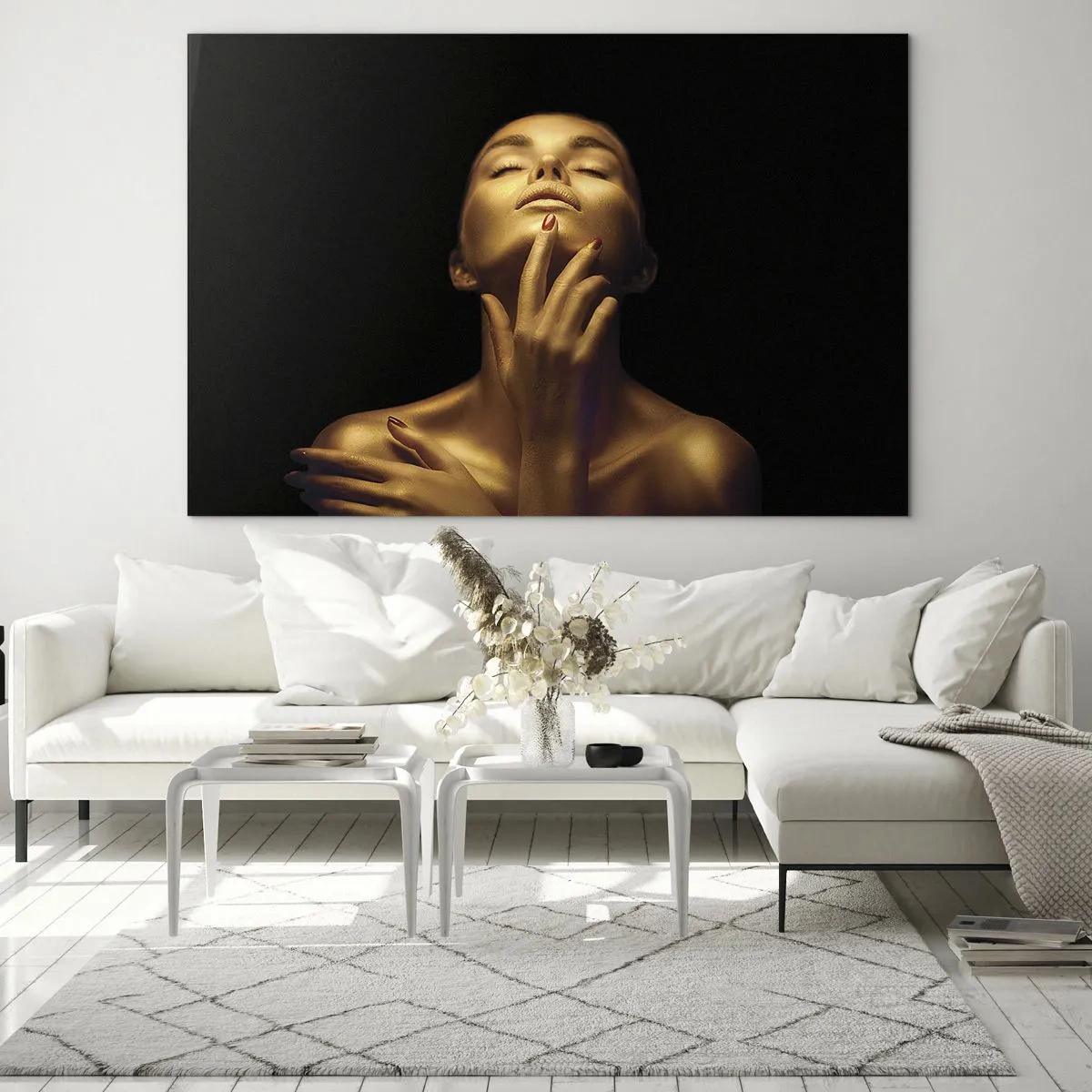 Cuadro sobre vidrio - Impresiones sobre Vidrio - Retrato de una mujer en tonos dorados - 70x50cm - Como seda dorada - Decoración de pared moderna para salón y dormitorio ARTTOR