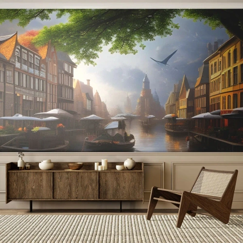Fotomural Premium Sand - Paisaje urbano holandés - Pueblo Viejo, Barcos, Canal - 400x280 cm