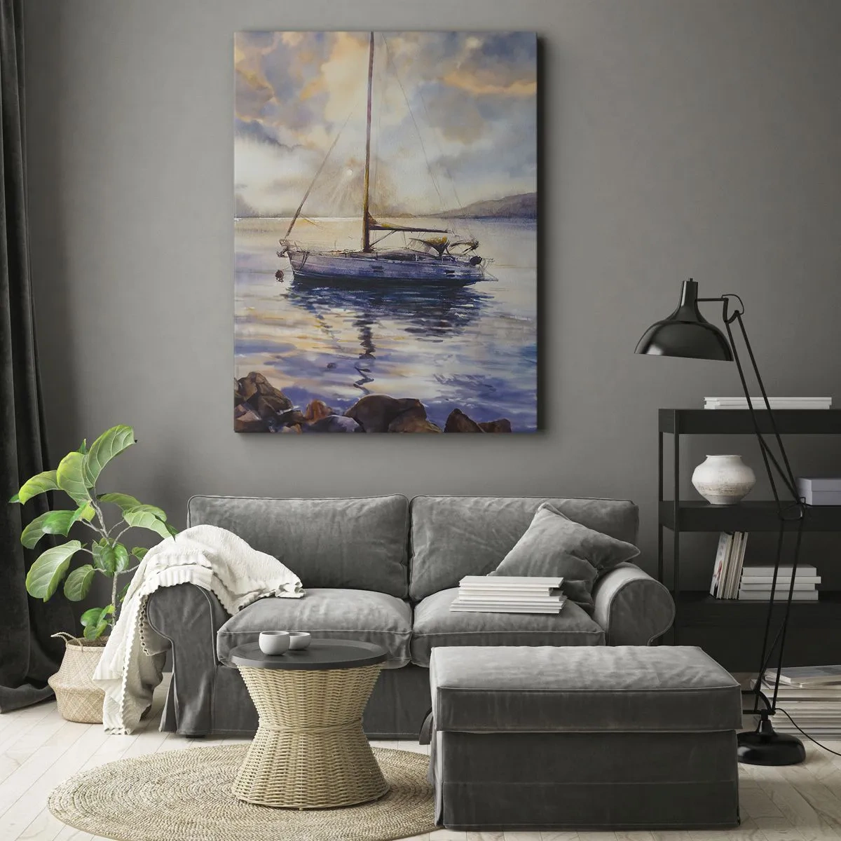 Cuadro sobre lienzo - Impresión de Imagen - Un yate en un mar tranquilo al atardecer. - 50x70cm - Atardecer en la bahía - Decoración de pared moderna para salón y dormitorio ARTTOR