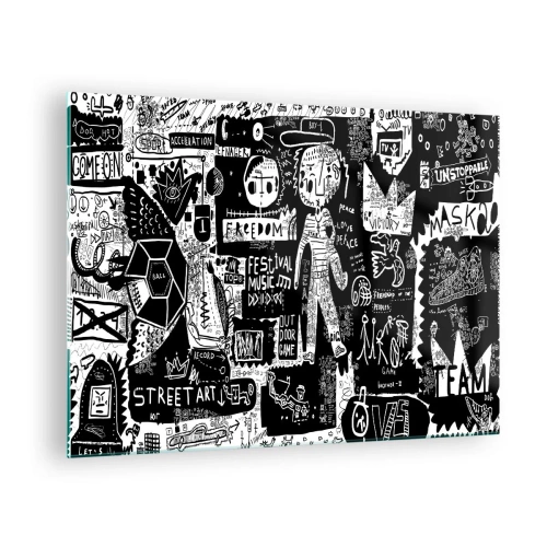 Cuadro sobre vidrio - Impresiones sobre Vidrio - Gráficos de estilo arte callejero en blanco y negro con personajes y símbolos. - 70x50cm - La juventud espiritual de la ley y la alegría - Decoración de pared moderna para salón y dormitorio ARTTOR