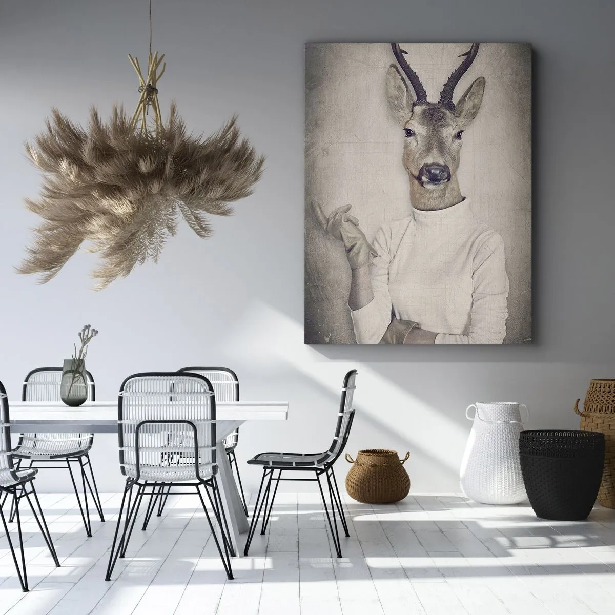 Cuadro sobre lienzo - Impresión de Imagen - Un tríptico con figuras de animales con ropa humana sobre un fondo artístico. - 70x100cm - Que los gestos hablen - Decoración de pared moderna para salón y dormitorio ARTTOR