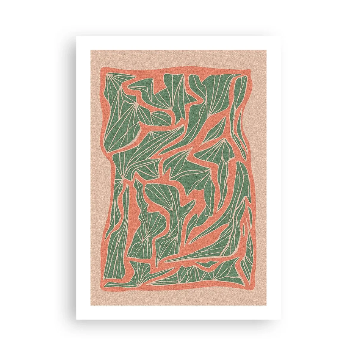 Póster - Patrón abstracto de hojas en tonos verdes y terracota. - 50x70cm - Lucha entre el coral y el verde - Decoración de pared moderna para salón y dormitorio ARTTOR