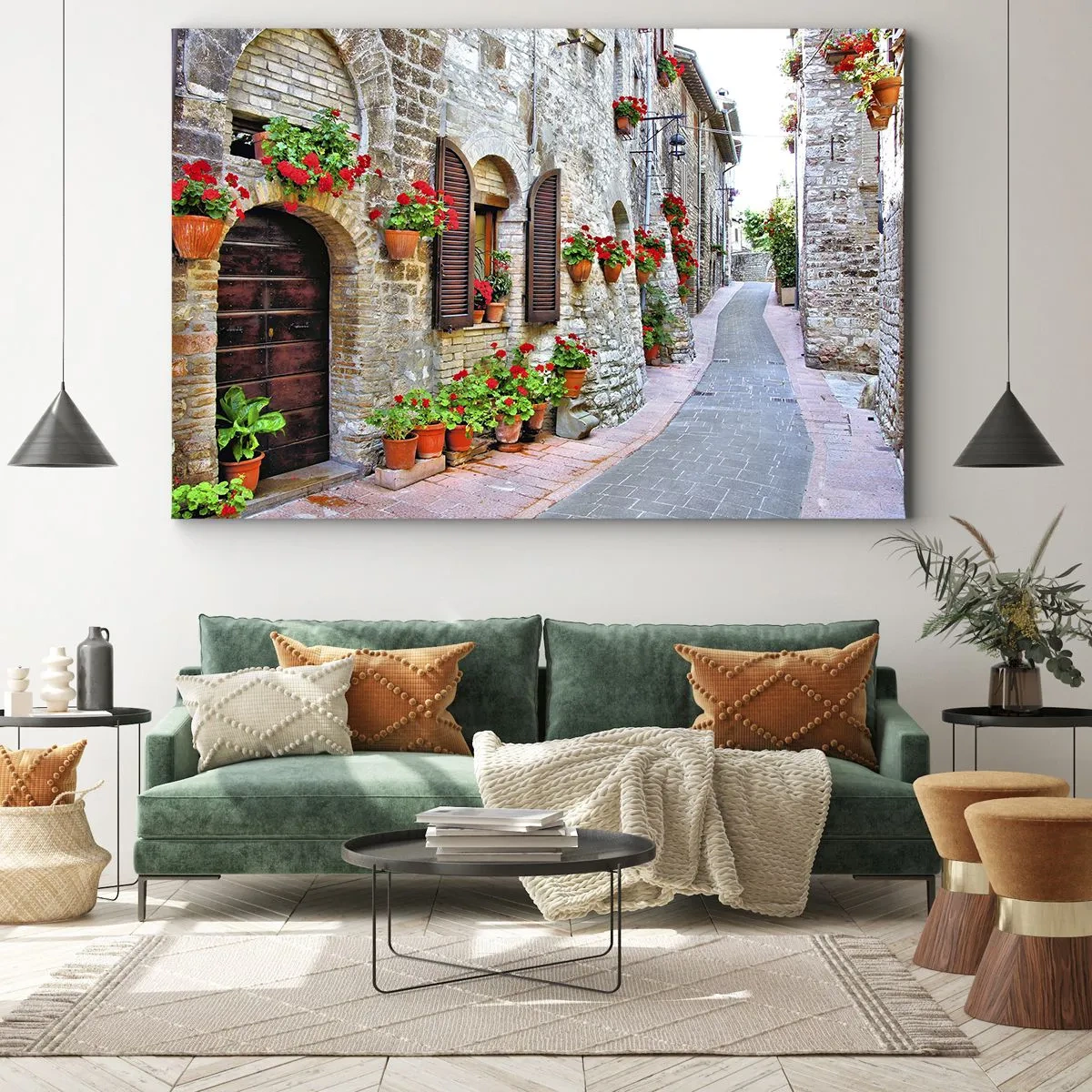 Cuadro sobre lienzo - Impresión de Imagen - Una calle estrecha con edificios de piedra decorados con macetas. - 100x70cm - Ambiente italiano - Decoración de pared moderna para salón y dormitorio ARTTOR