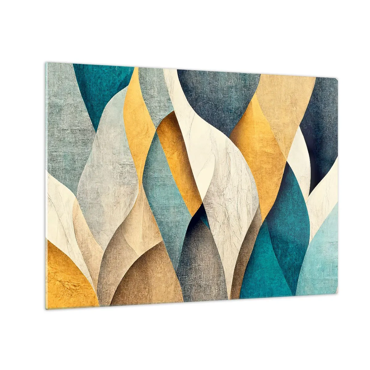 Cuadro sobre vidrio - Impresiones sobre Vidrio - Formas abstractas en tonos amarillos y azules. - 70x50cm - Ritmo y ondulación - Decoración de pared moderna para salón y dormitorio ARTTOR