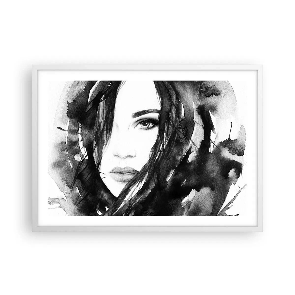 Póster en marco blanco - Retrato de una dama en blanco y negro - 70x50 cm