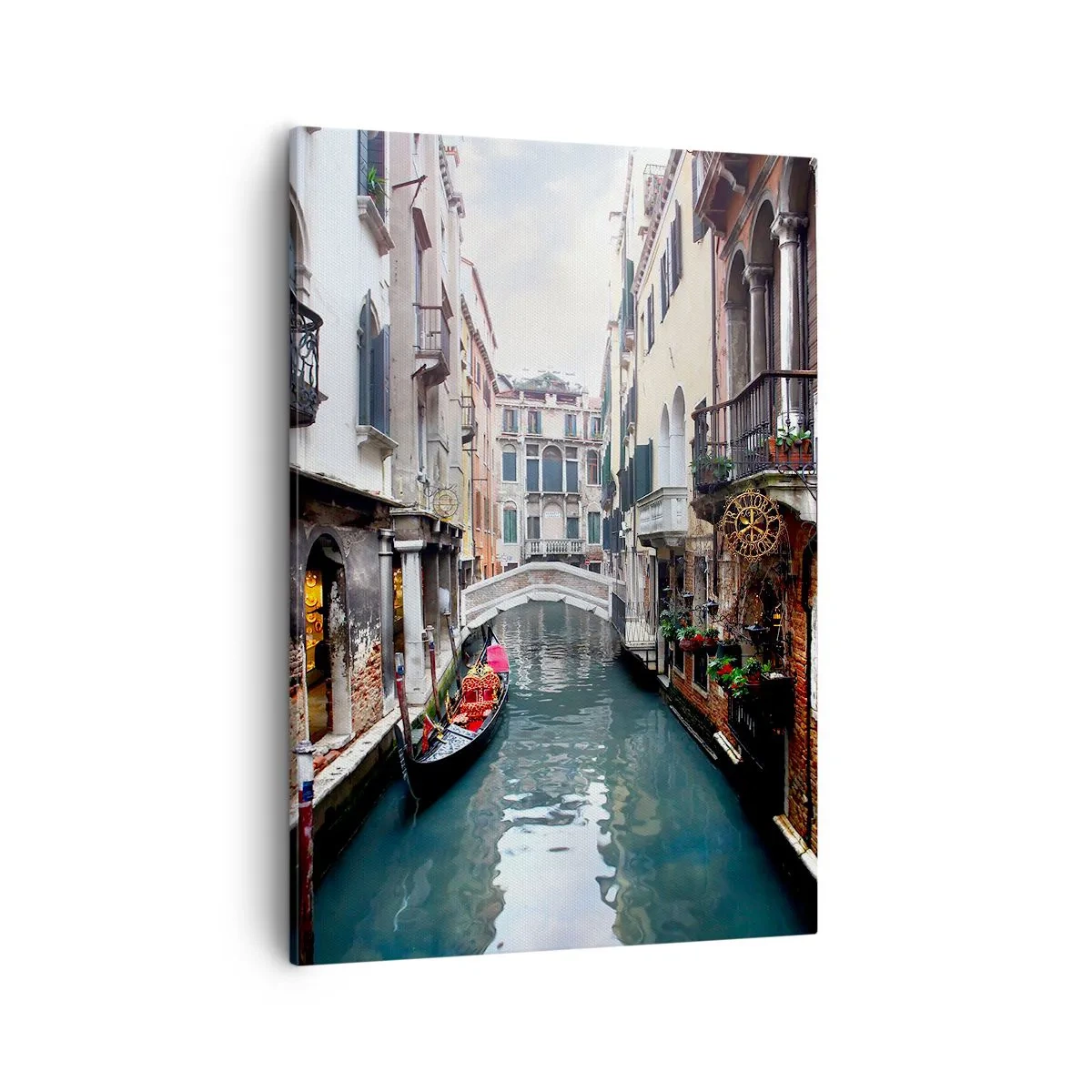 Cuadro sobre lienzo - Impresión de Imagen - Un canal en Venecia con una góndola y edificios históricos. - 50x70cm - Paisaje veneciano con góndola y puente - Decoración de pared moderna para salón y dormitorio ARTTOR