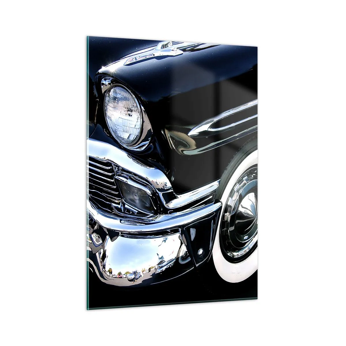 Cuadro sobre vidrio - Impresiones sobre Vidrio - Primer plano de un coche negro antiguo con detalles cromados. - 50x70cm - Clásicos en plata, negro y blanco - Decoración de pared moderna para salón y dormitorio ARTTOR