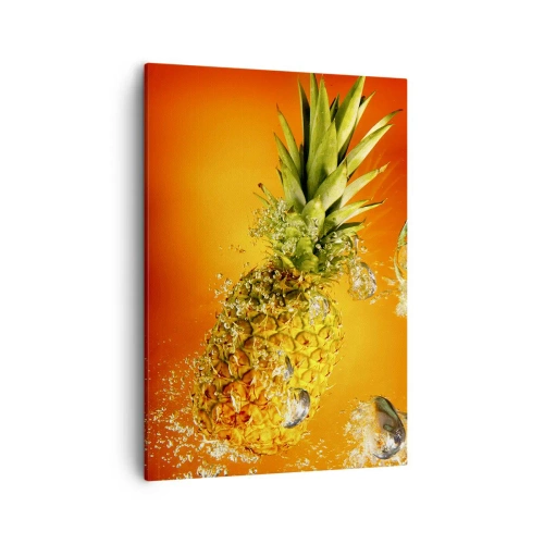 Cuadro sobre lienzo - Impresión de Imagen - Una piña sumergida en agua sobre un fondo degradado naranja. - 50x70cm - Jugosa frescura tropical - Decoración de pared moderna para salón y dormitorio ARTTOR