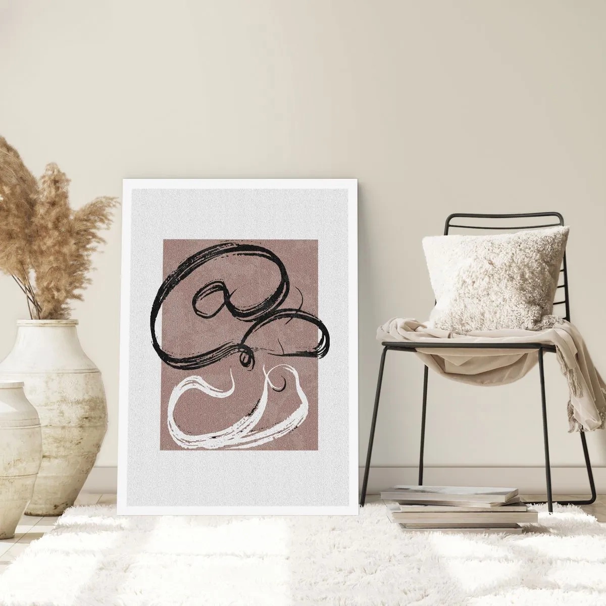 Póster - Composición abstracta con pinceladas dinámicas en blanco y negro sobre fondo marrón. - 50x70cm - Composición: la búsqueda de la plenitud - Decoración de pared moderna para salón y dormitorio ARTTOR