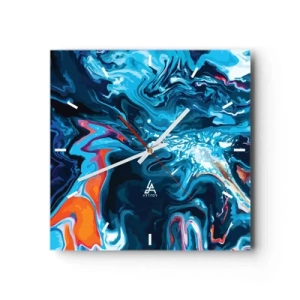 Reloj de pared - Reloj de vidrio - Un patrón abstracto en tonos azules con acentos naranjas. - 30x30cm - Un viaje al cielo - Decoración de pared moderna para salón y dormitorio ARTTOR